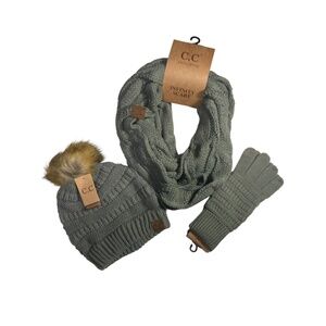 C.C  Natural Grey Gloves and Beanie and Infinity Scarf Set